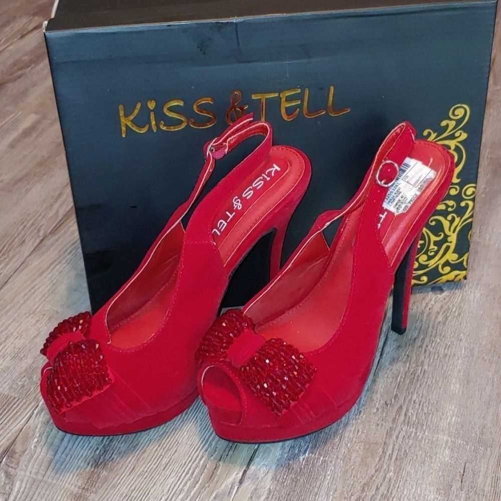 Kiss &  Tell red suede and sequin bow heels Sz 8
